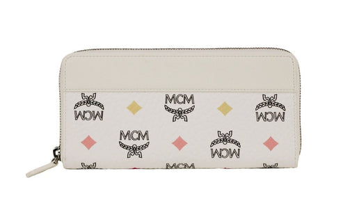 MCM Portuna Large White Visetos Leather Multifunction Zip Around Clutch Wallet